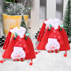 Christmas snowman gift bags with red velvet texture and festive drawstring for holiday party