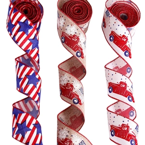 Patriotic Independence Day ribbons with vintage truck and star patterns for DIY crafts
