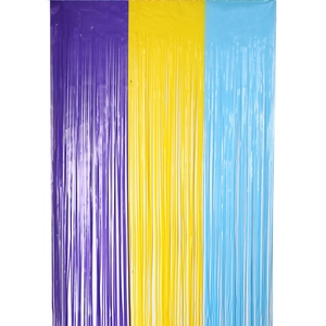 Detail of macaron fringe curtain with purple, yellow, and blue metallic foil streamers