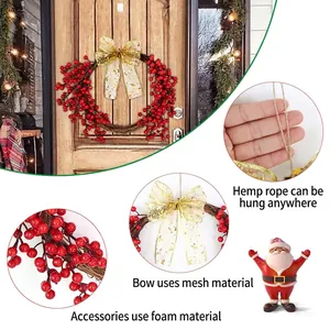 Christmas wreath with red berries and golden mesh bow on a rustic wooden door decor