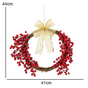 Red berry Christmas wreath with golden bow tie, holiday door decor, 44cm diameter