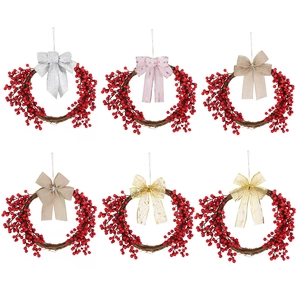 Set of 6 Christmas wreaths with red berries and assorted festive bows for home decor