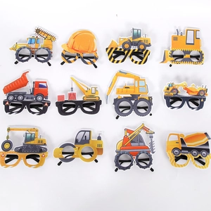 Detailed grid showing 12 different construction vehicle themed party glasses for kids