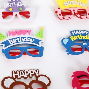 Colorful felt animal birthday party glasses set with Happy Birthday art text and crowns