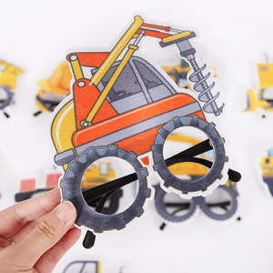 Detail of excavator themed party glasses for kids featuring a large bulldozer frame design