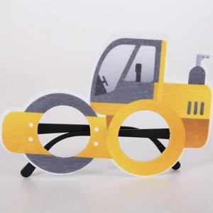 Detail of yellow road roller themed party glasses for kids birthday photo props