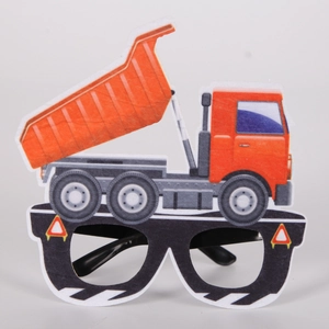 Detail view of orange dump truck party glasses with road pattern frame for kids