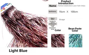 Detail view of 15x100cm laser fringe curtain in dusty rose and light blue tinsel decor