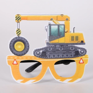 Macro detail of yellow excavator party glasses frame with construction vehicle design
