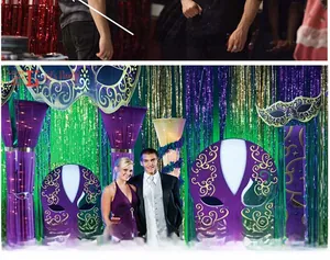Vibrant PET fringe curtains in red and green for party backdrop decoration and events