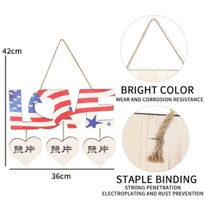 Wooden Independence Day LOVE wall hanging with US flag pattern and photo heart charms