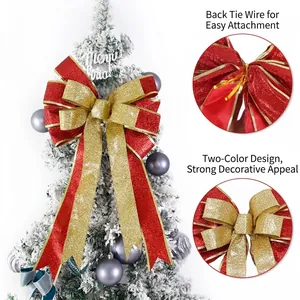 Sparkling red and gold Christmas bow ornament with Merry Christmas text for tree decoration