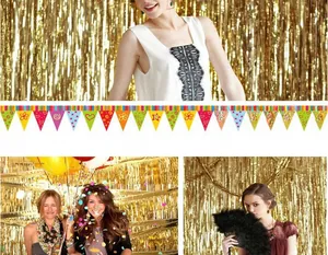 Detailed views of gold tinsel foil fringe curtains used as festive party backdrops