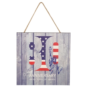 Square wood 4th of July door sign featuring Statue of Liberty and US flag anniversary design