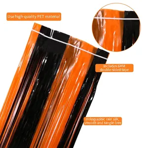 Orange and black Halloween tinsel foil fringe curtain with laser metallic finish decoration