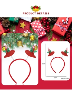 Detailed view of red Christmas headband with glittery hats and spring-loaded berry decor