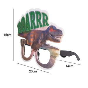 Kids dinosaur birthday party glasses with green T-Rex design and ROARRR lettering