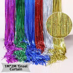 Detail showing 1mx2m laser fringe curtains in multiple colors with metallic foil texture