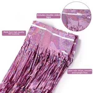 Holographic laser tinsel foil fringe curtain in purple pink PET for party backdrop decoration
