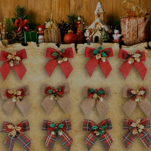 Set of 12 Christmas bows with bells for tree decoration in red, plaid and burlap