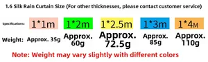 Size chart showing dimensions and weight for rain curtain party background decorations