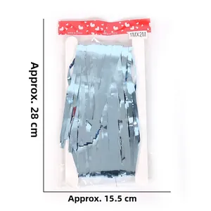 Light blue metallic foil fringe curtain packaging measuring 1M x 2M for party decor
