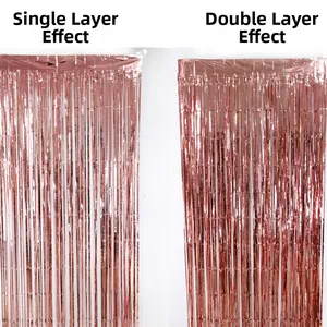 Rose gold foil fringe curtain showing comparison between single and double layer effects