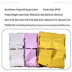 Rideau à franges carrées de 2 m pour décoration de fête en argent, or et lavande