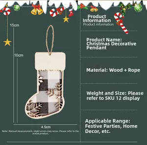 Detail view of wood Christmas stocking ornament with plaid pattern and size specs