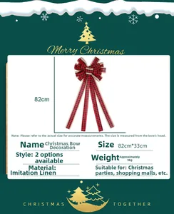 Detalles del lazo navideño de lino sintético a cuadros rojos y negros, mide 82cm por 33cm