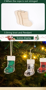 Detailed close-up of DIY wooden Christmas stocking pendants hanging on a festive tree