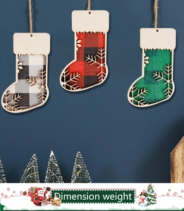 Christmas stocking wooden ornaments with plaid fabric patterns and snowflake cutouts