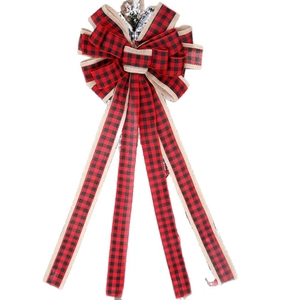 Red and black buffalo plaid Christmas bow with rustic burlap trim for tree decoration