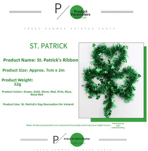 Detail of green St. Patrick's Day tinsel garland measuring 7cm by 2m for party decor