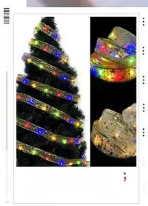 Detail of gold LED ribbon with star patterns and close-up of festive lights on a Christmas tree