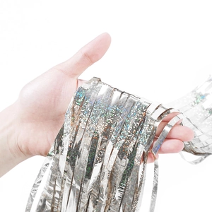 Holographic silver laser fringe curtain 1x2m for birthday party backdrop decorations