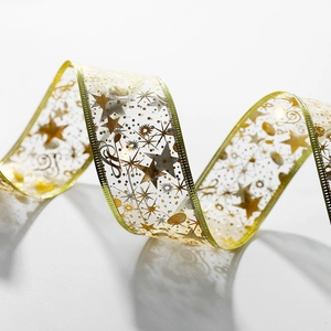 Close-up of 4m gold double-layer ribbon with LED lights and festive patterns