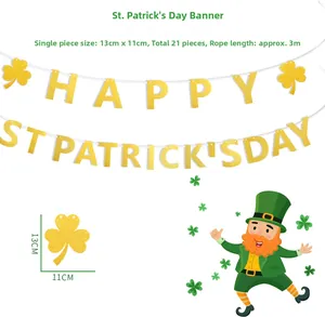 Glittery Happy St. Patrick's Day banner with shamrocks and 13x11cm size dimensions