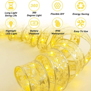 Golden LED ribbon light with star patterns for Christmas tree decoration and warm ambiance
