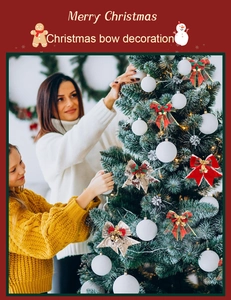 Detail of Christmas tree bows with bells in red velvet and festive plaid patterns