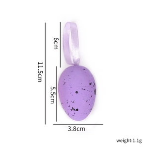 Macro view of purple speckled Easter egg decoration showing precise size dimensions