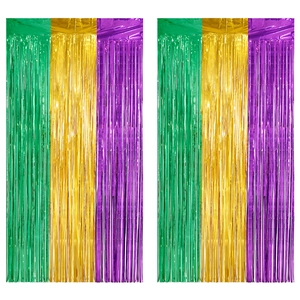 Rideau de franges Mardi Gras de 2m en guirlande métallique verte, dorée et violette festive