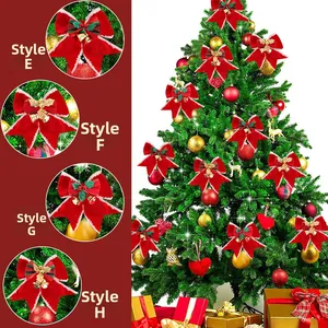 Detail view of four red velvet Christmas bows with bells and holly for holiday tree decoration