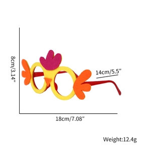 Cartoon yellow chick party glasses made of felt with precise size and weight annotations
