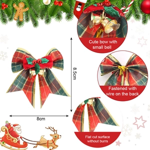Christmas bow ornament with gold bells and red berries for tree decoration, 8.5x8cm