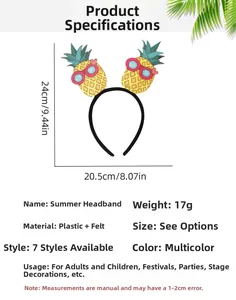 Dimensions détaillées du serre-tête de fête d'été en plastique et feutre avec ananas