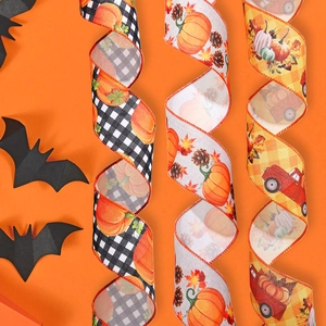 Halloween wired ribbons featuring pumpkin and maple leaf patterns in spiral display