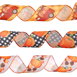 Autumn Halloween pumpkin wired ribbons with orange trucks and buffalo plaid for decor