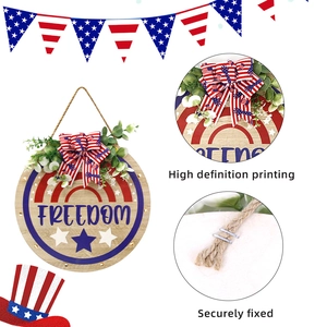 Independence Day round wooden Freedom sign with American flag bow and eucalyptus greenery