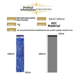 Detailed blue laser foil fringe curtain specs showing 10cmx100cm size for party decor